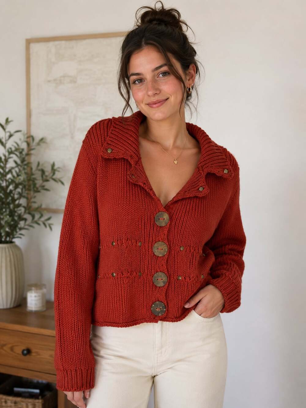 Pure Handknit Red 100% Cotton Cardigan with Coconut Buttons and Rivet Details